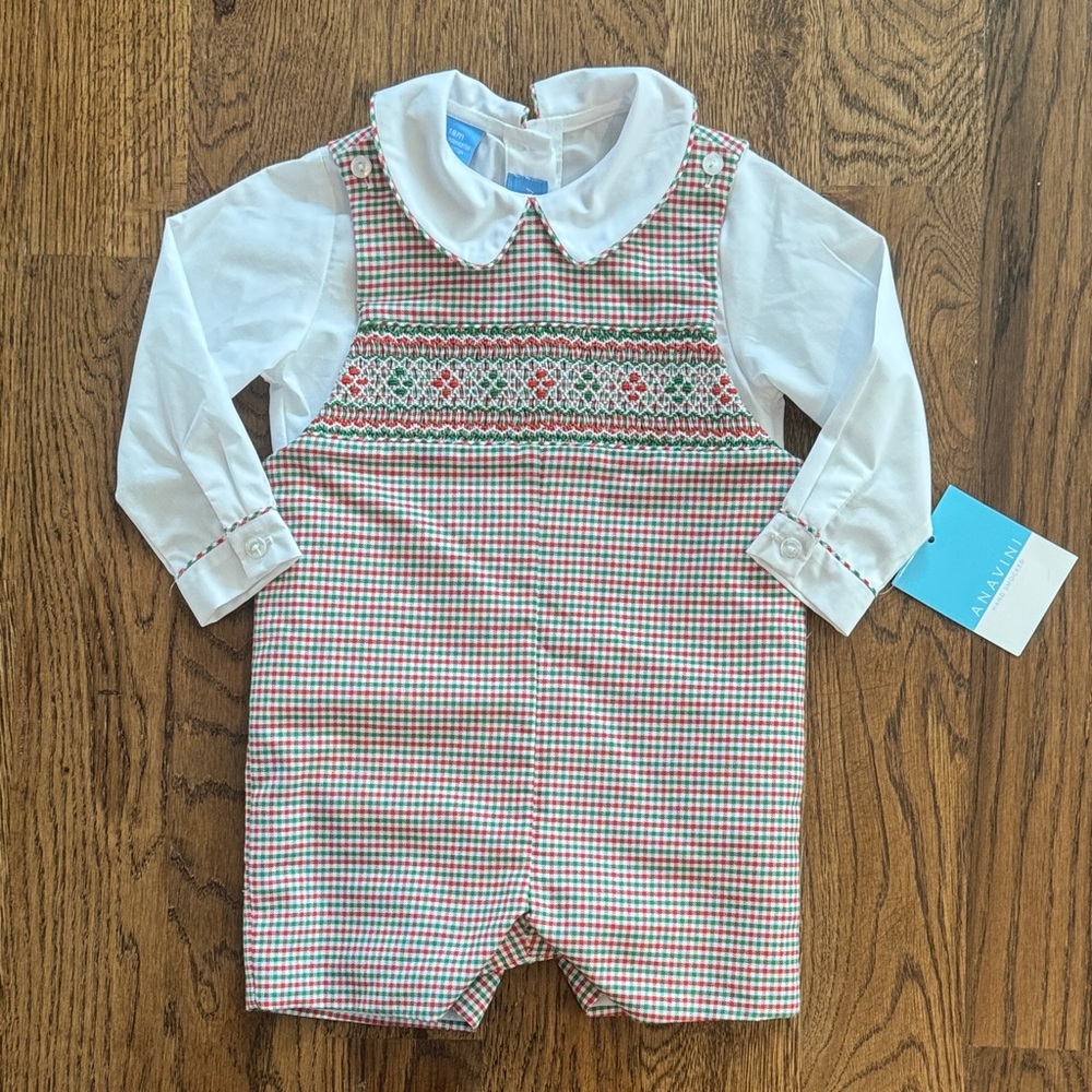 Anavini Smocked Embroidered Gingham Romper And Shirt Set New With Tags